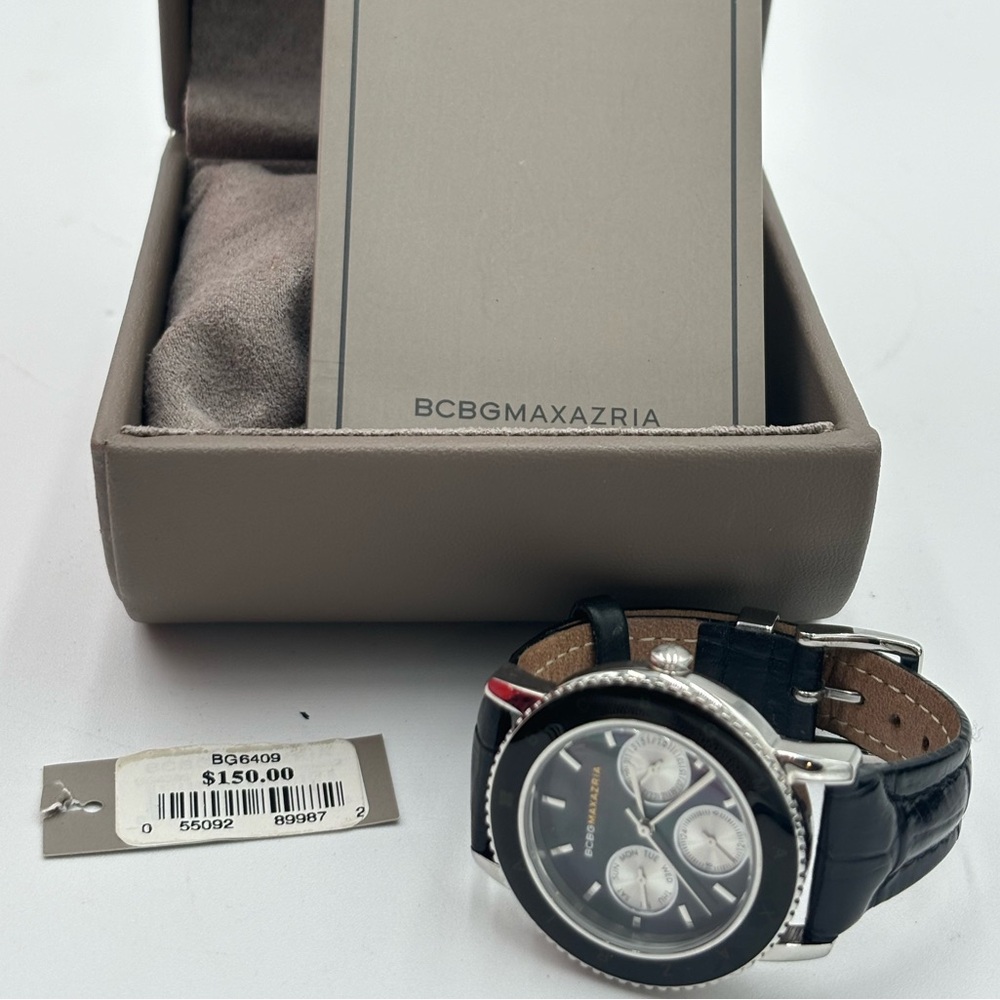 BCBG MAX AZRIA Genuine Leather Chronograph Watch, With Box